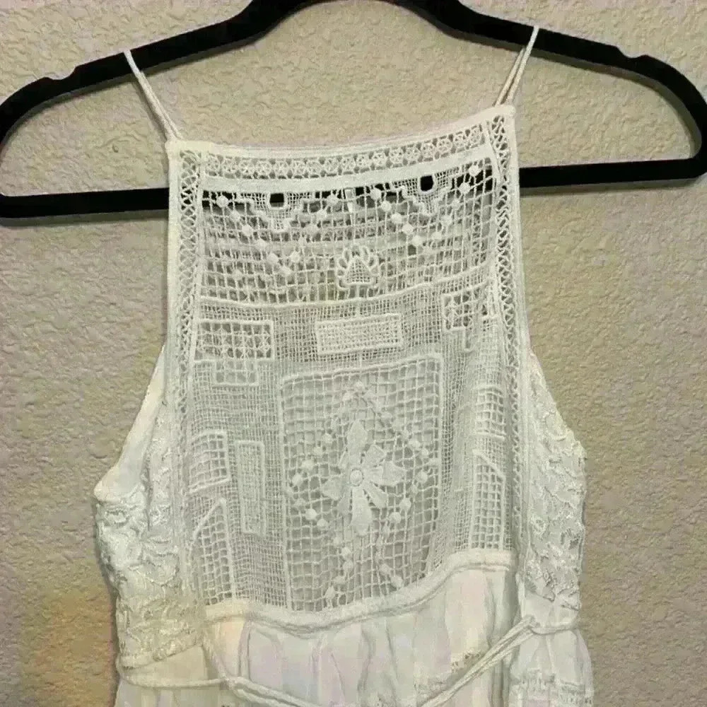 White Free people mini dress sz XS embroidered crochet tiered festival bridal - Picture 7 of 9